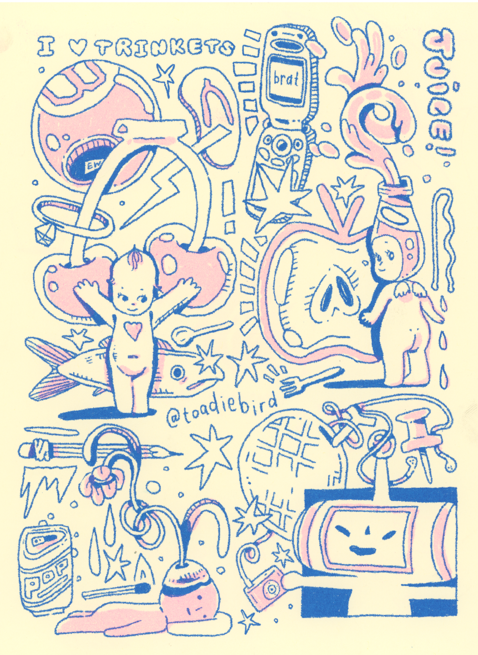 "i heart trinkets" 2 color riso print, 2024. "i heart trinkets" 2 color riso print, 2024.