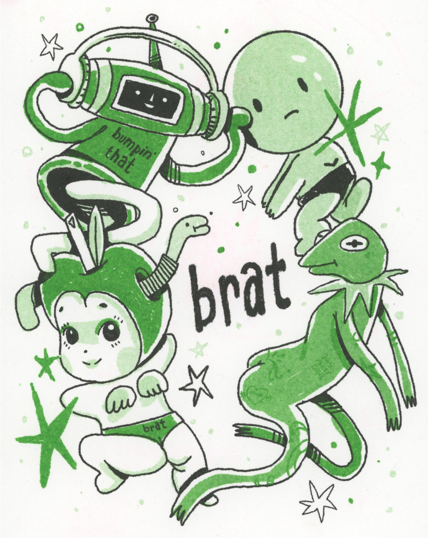 "brat" 2 color riso print, 2024. "brat" 2 color riso print, 2024.